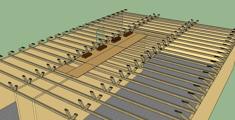 SketchUp-style attic storage plan showing raised plywood storage decking over attic trusses