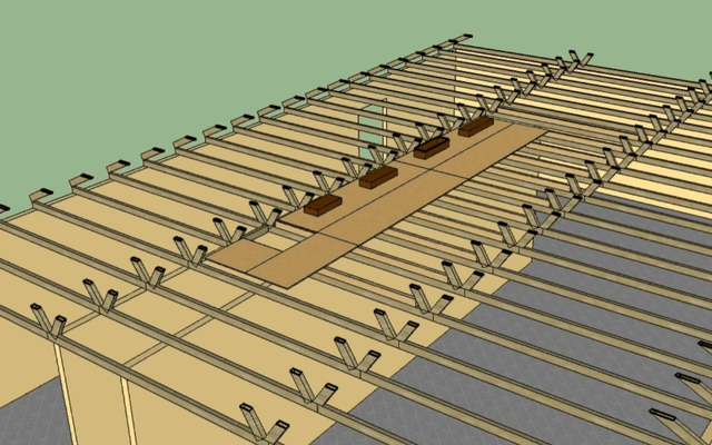 SketchUp-style attic storage plan showing raised plywood storage decking over attic trusses